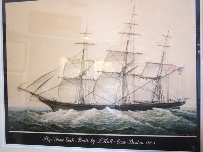 A 20th century lithograph of the SHIP GAME COCK built by Samuel Hall in East Boston in 1850